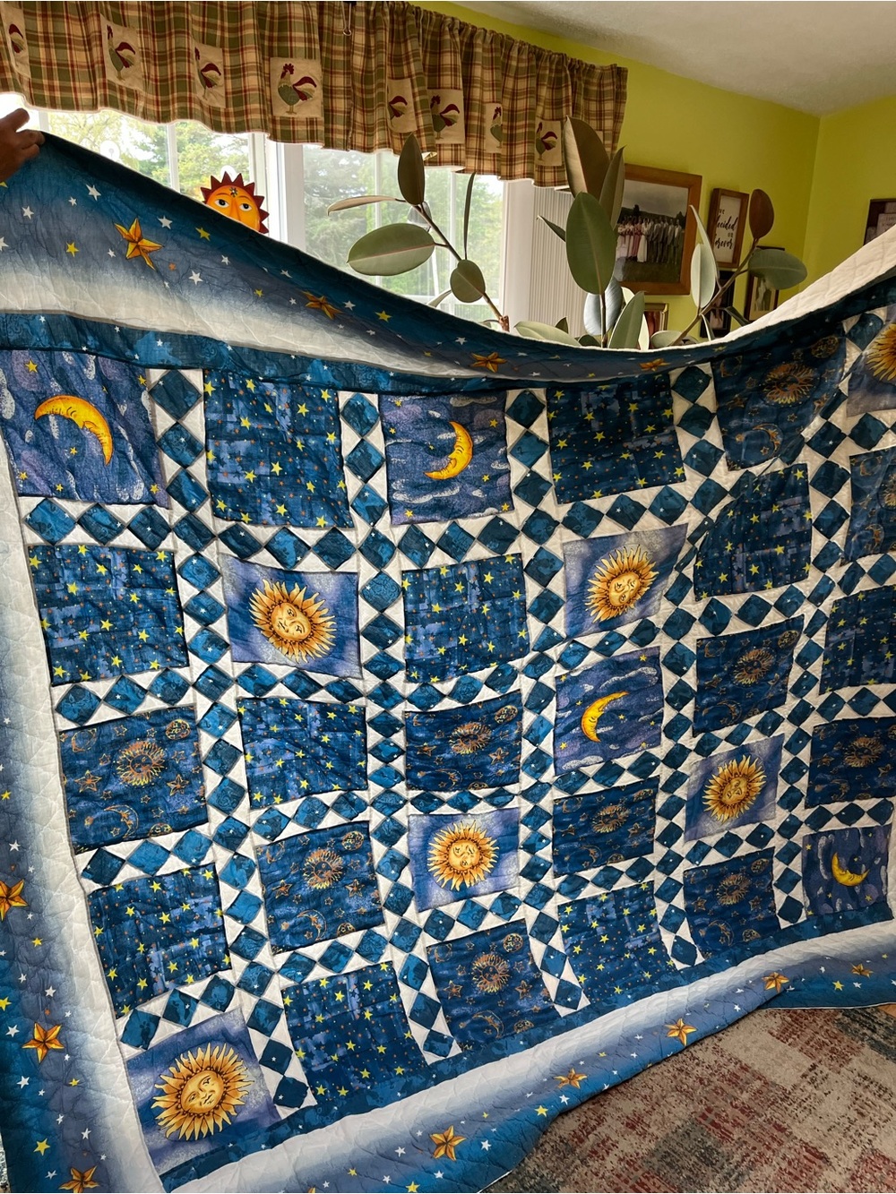 Celestial Sun & Moon Blue Patchwork Quilt Queen Size 86x94 handmade no tag/maker